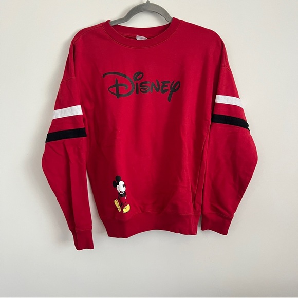 Disney Tops - Disney Mickey Mouse Striped Sleeve Red Crewneck Sweatshirt Size Medium